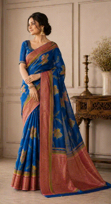 Bapta Silk with Kalamkari Print Saree - Rust Border Body Blue