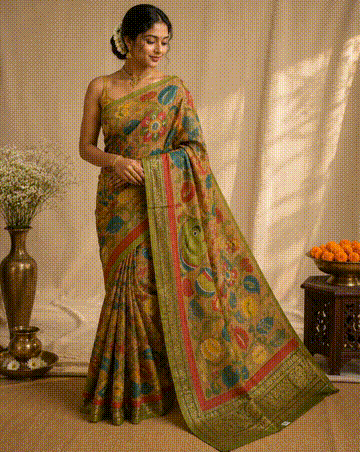 Bapta Silk with Kalamkari Print Saree - Green Border Body Rust